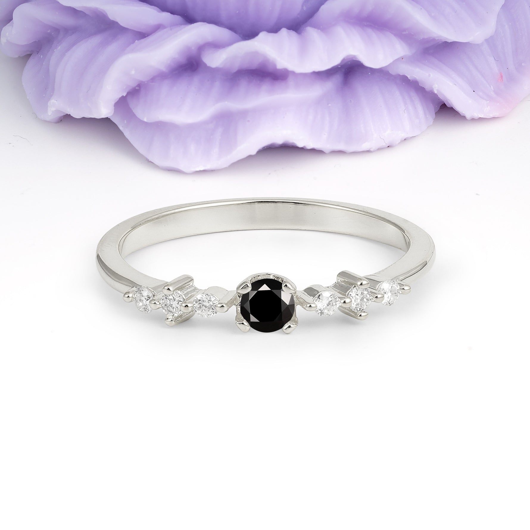 Classic, Minimalist 4-Prong Round Cut Black Onyx Engagement Ring - Additional view