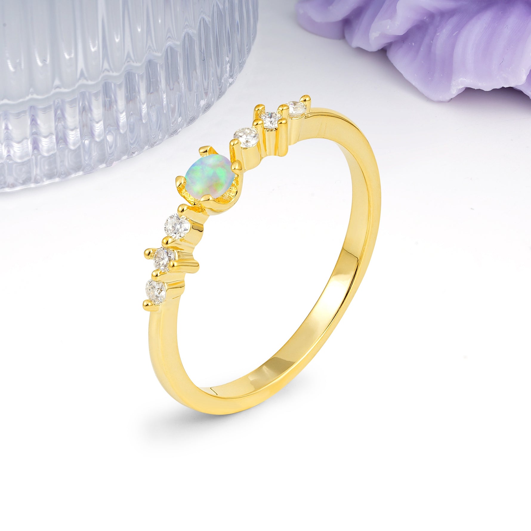 Classic, Minimalist 4-Prong Round Cut Fire Opal Engagement Ring - Additional view
