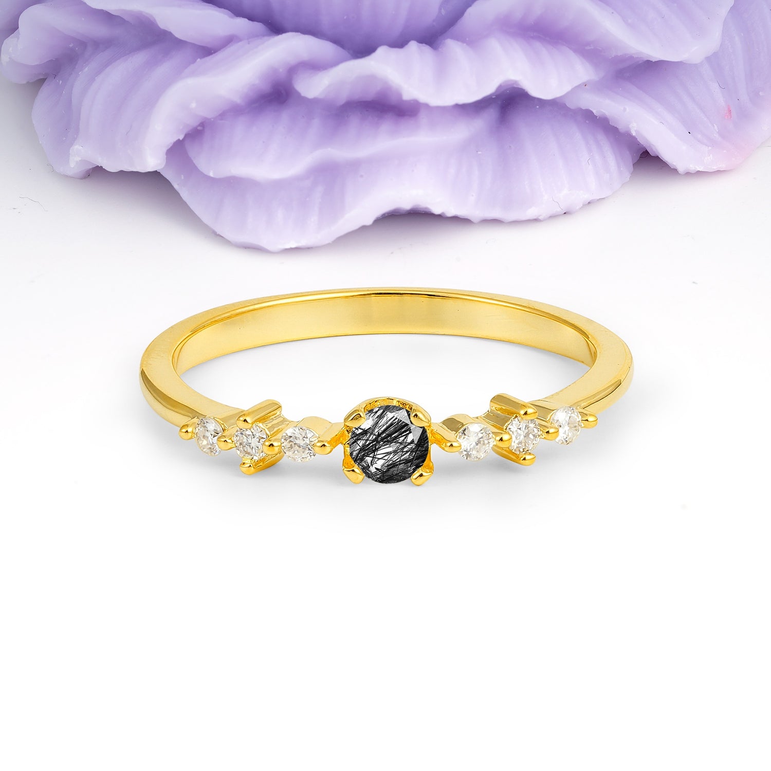 Classic, Minimalist 4-Prong Round Cut Black Rutilated Quartz Engagement Ring - Additional view