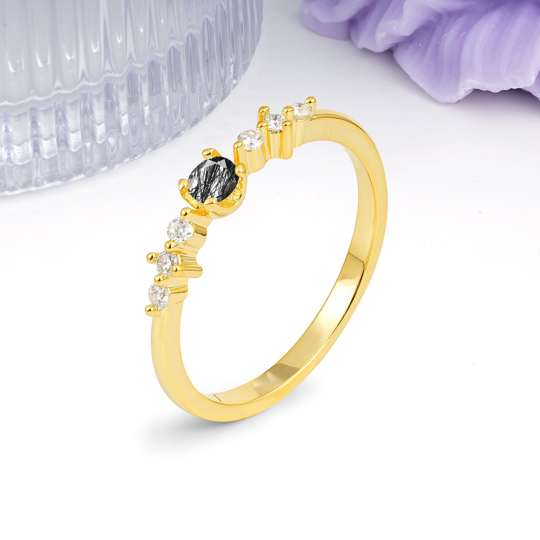 Classic, Minimalist 4-Prong Round Cut Black Rutilated Quartz Engagement Ring - Additional view
