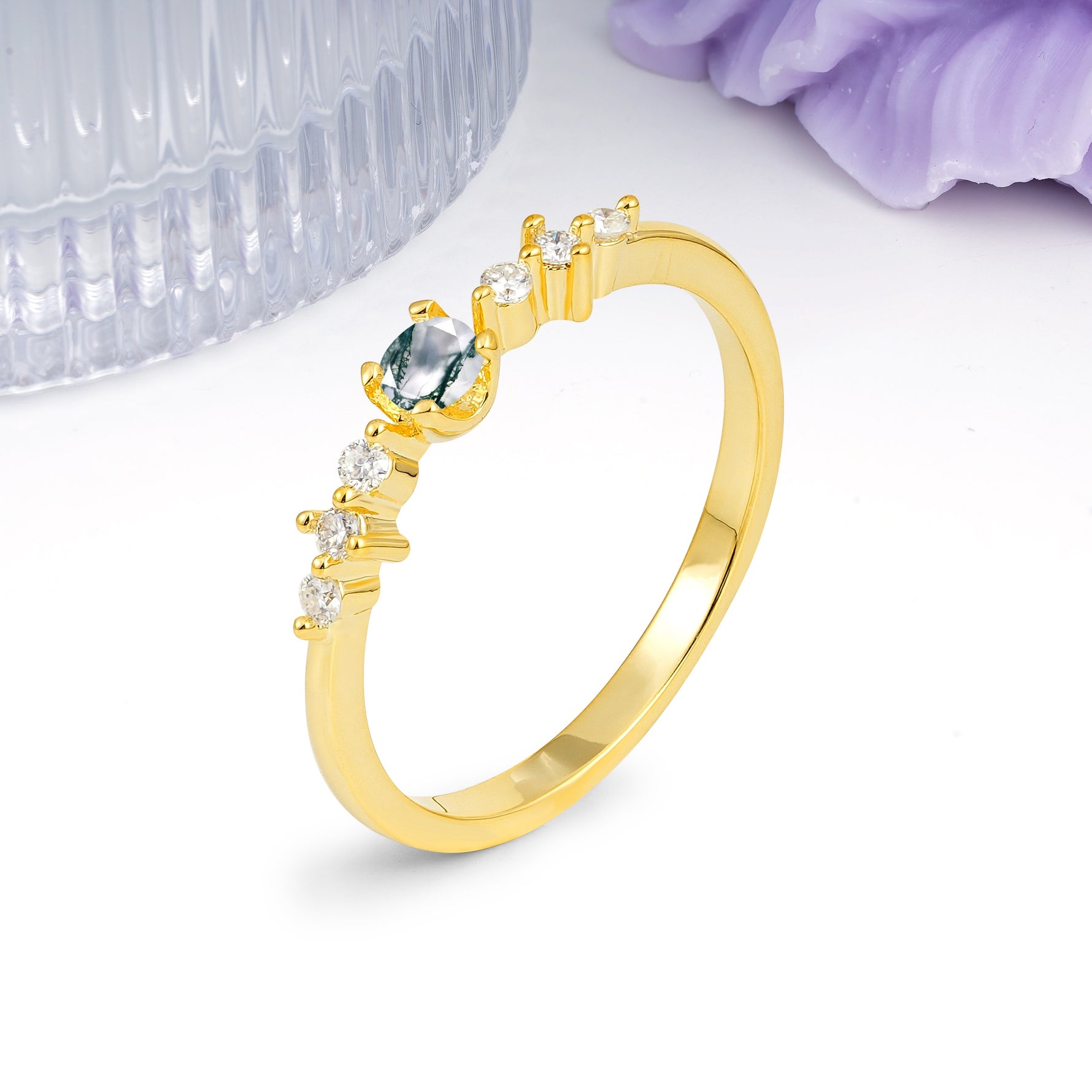 Classic, Minimalist 4-Prong Round Cut Moss Agate Engagement Ring - Additional view