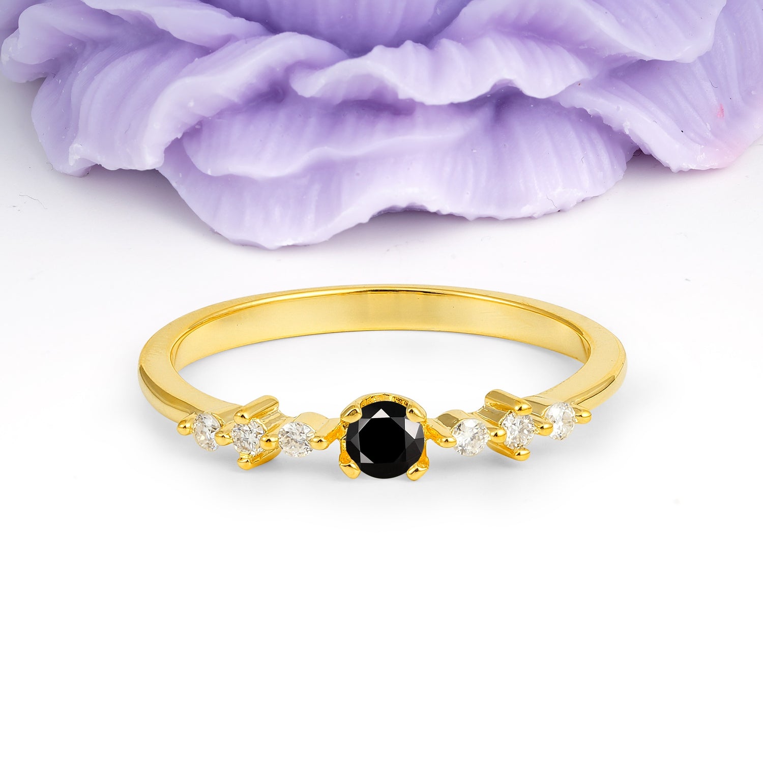 Classic, Minimalist 4-Prong Round Cut Black Onyx Engagement Ring - Additional view