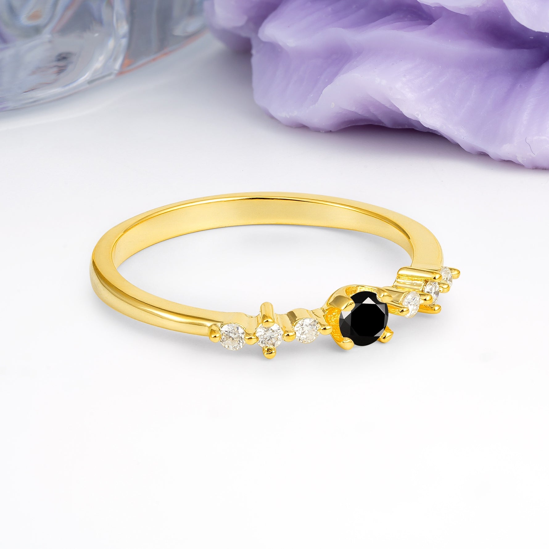 Classic, Minimalist 4-Prong Round Cut Black Onyx Engagement Ring - Additional view