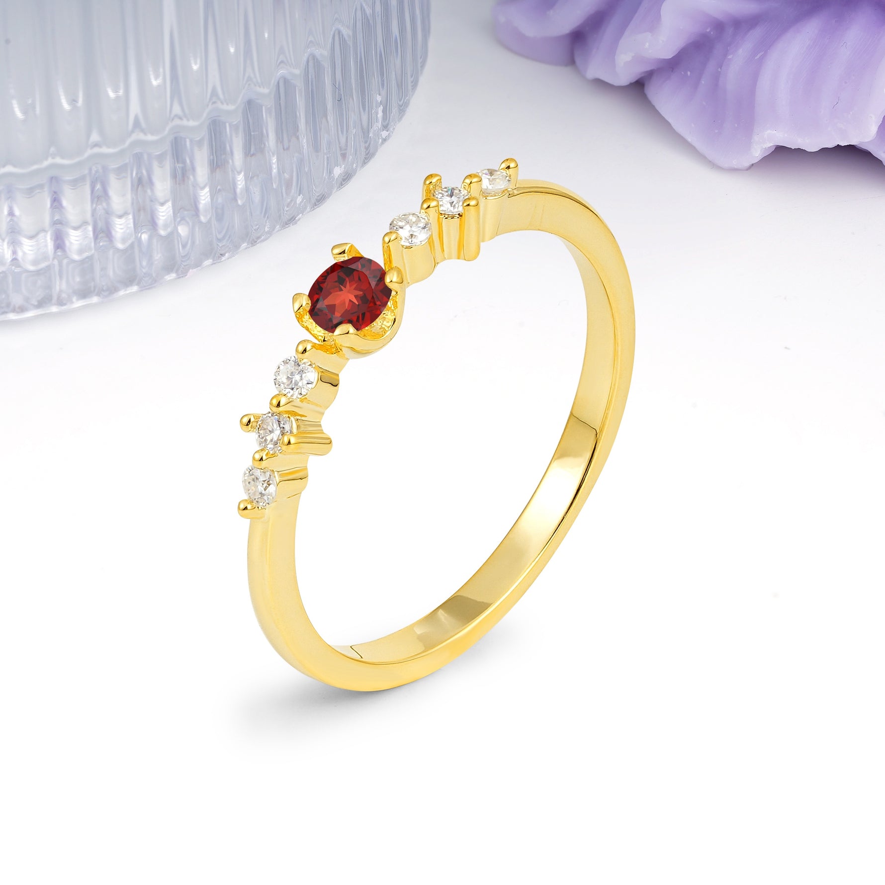 Classic, Minimalist 4-Prong Round Cut Garnet Engagement Ring - Additional view