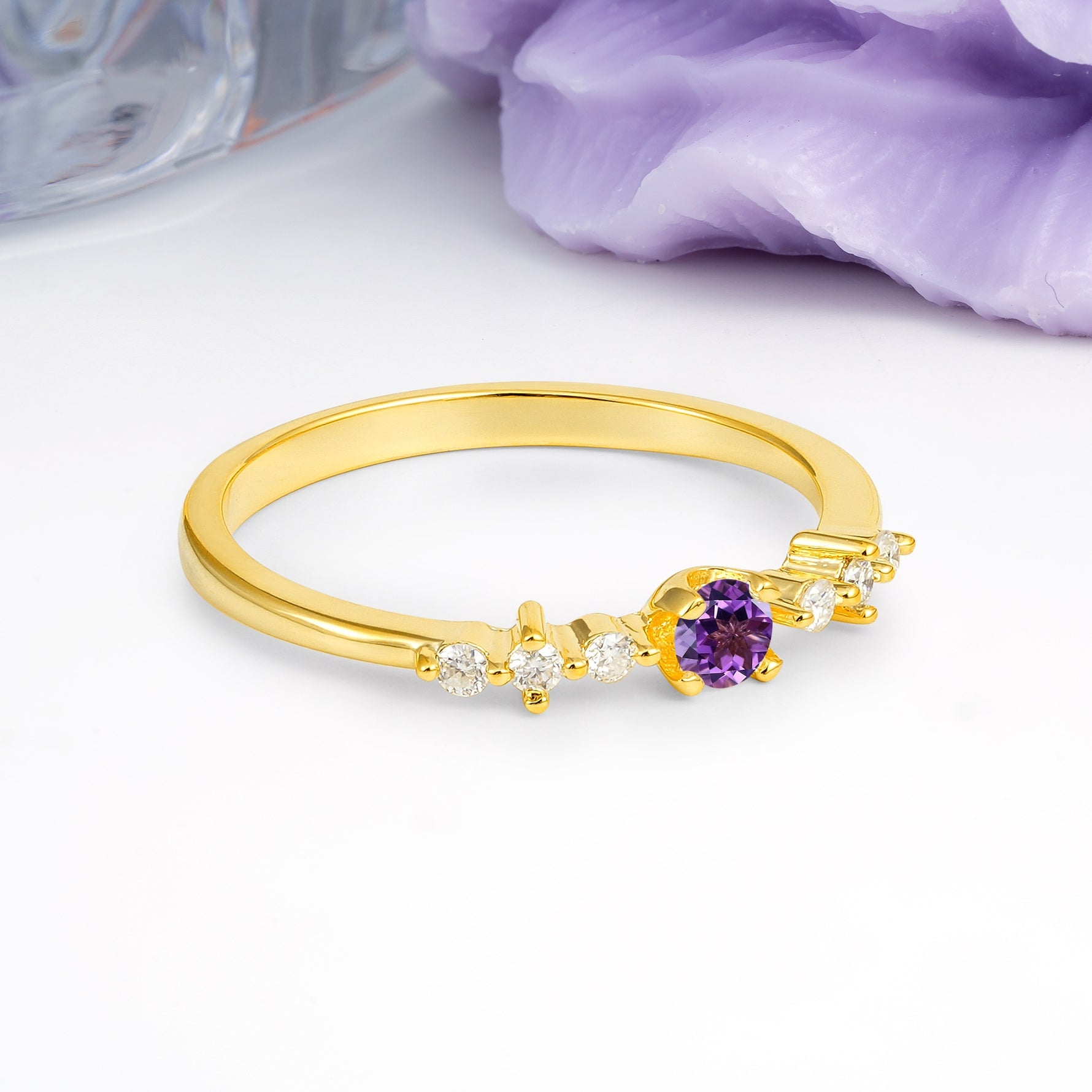 Classic, Minimalist 4-Prong Round Cut Amethyst Engagement Ring - Additional view