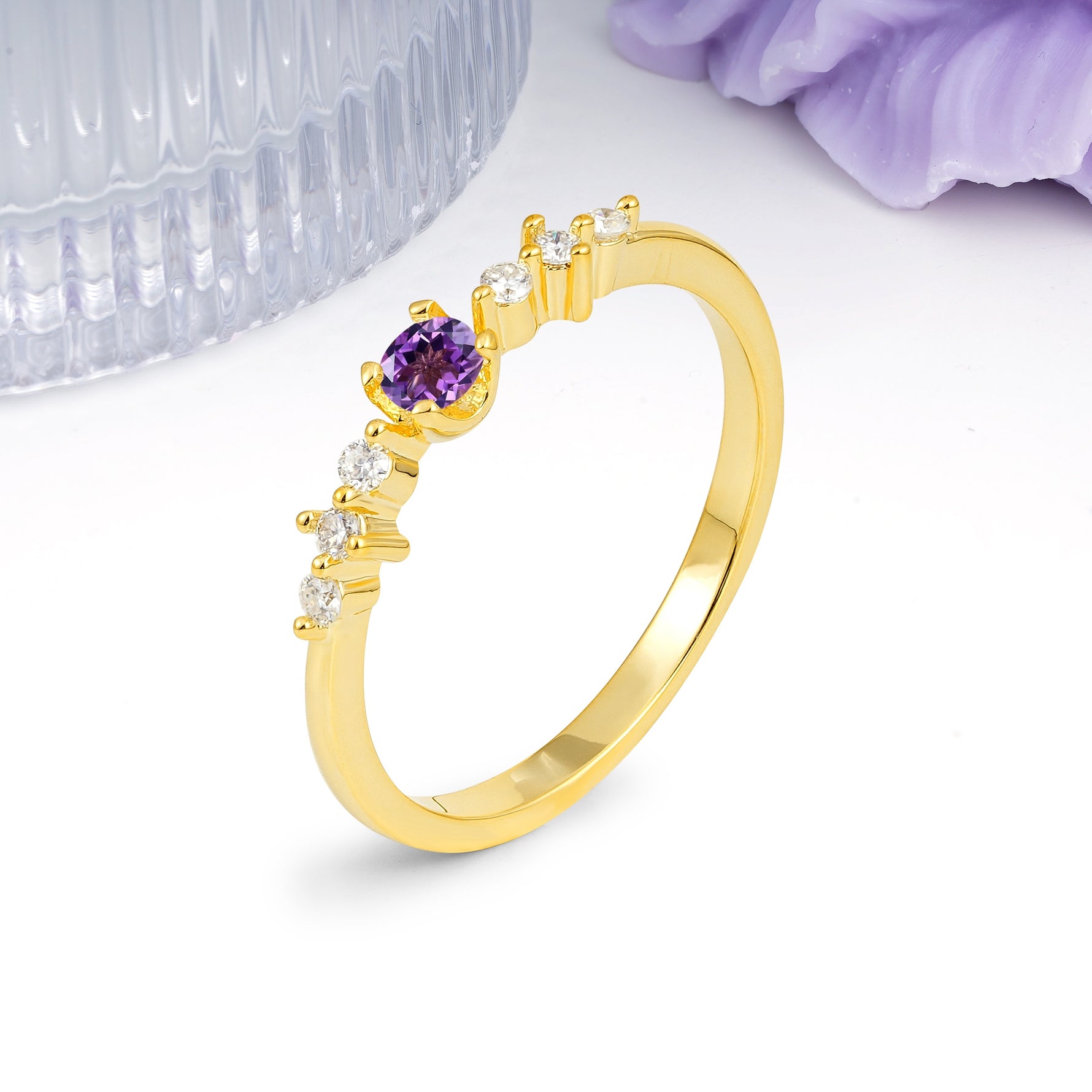 Classic, Minimalist 4-Prong Round Cut Amethyst Engagement Ring - Additional view