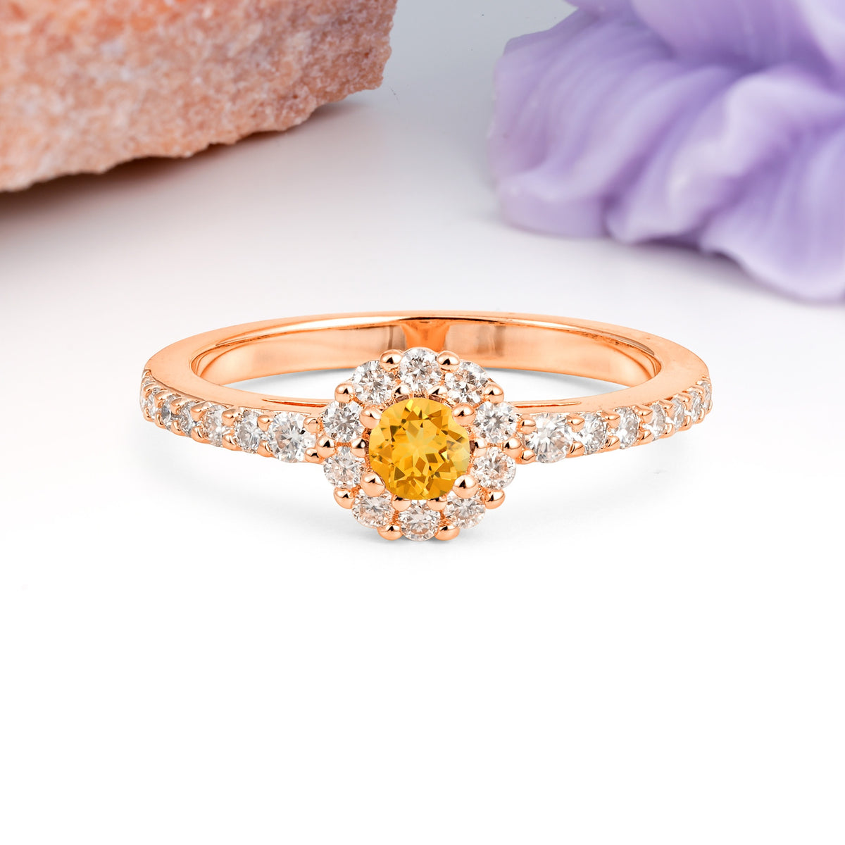 Exquisite Luxury Pavé Set 4 Prong Round Cut Citrine Wedding Ring - Additional view