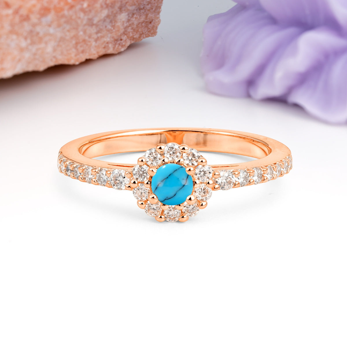Exquisite Luxury Pavé Set 4 Prong Round Cut Turquoise Wedding Ring - Additional view