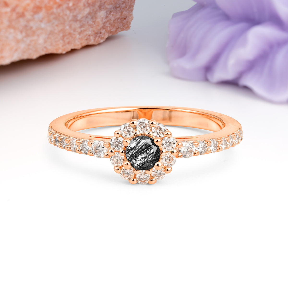 Exquisite Luxury Pavé Set 4 Prong Round Cut Black Rutilated Quartz Wedding Ring - Additional view