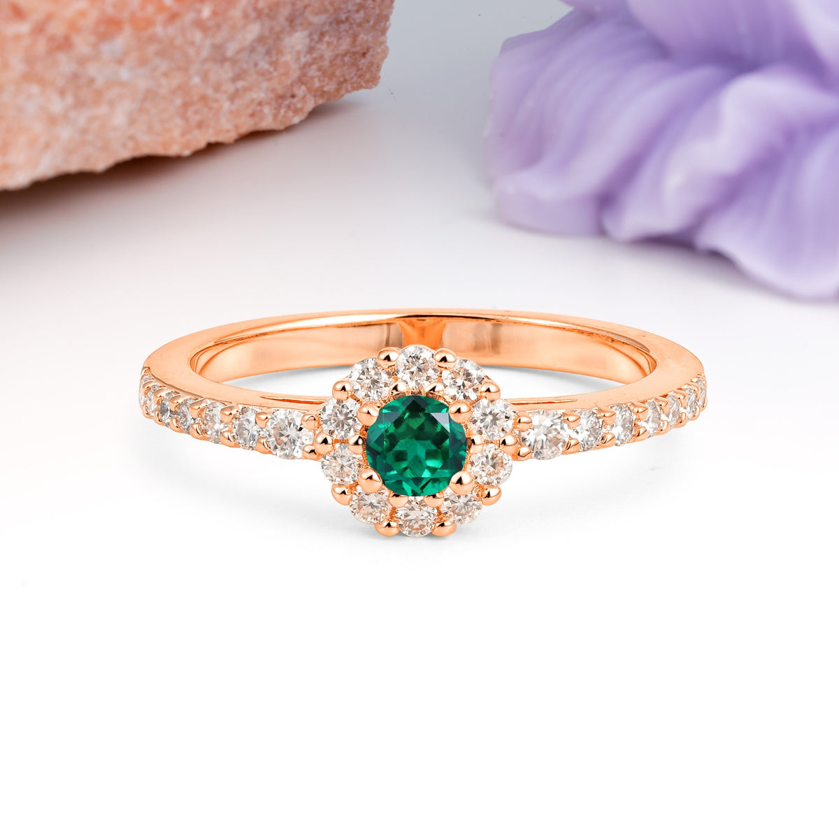 Exquisite Luxury Pavé Set 4 Prong Round Cut Emerald Wedding Ring - Additional view