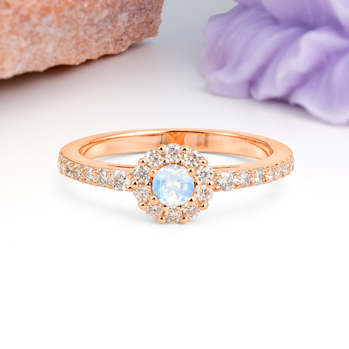 Exquisite Luxury Pavé Set 4 Prong Round Cut Moonstone Wedding Ring - Additional view