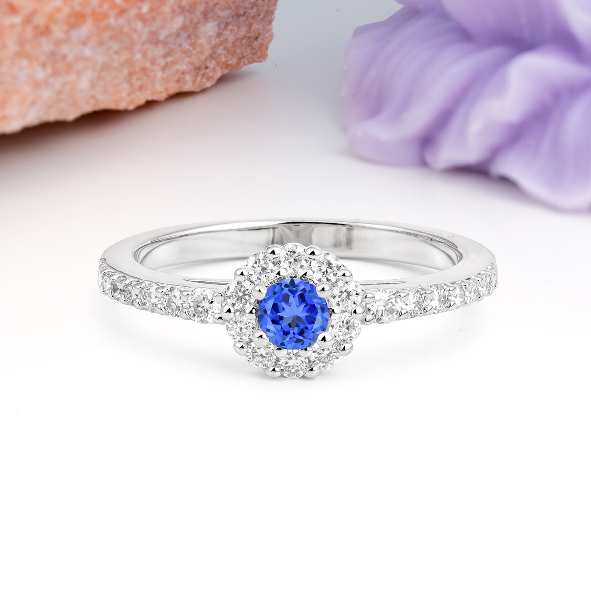 Exquisite Luxury Pavé Set 4 Prong Round Cut Sapphire Wedding Ring - Additional view
