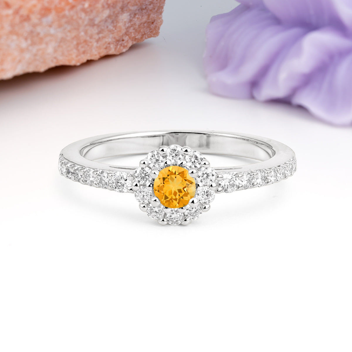 Exquisite Luxury Pavé Set 4 Prong Round Cut Citrine Wedding Ring - Additional view
