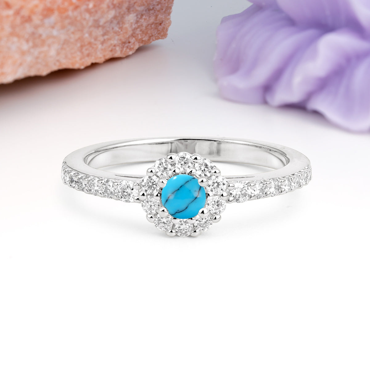 Exquisite Luxury Pavé Set 4 Prong Round Cut Turquoise Wedding Ring - Additional view