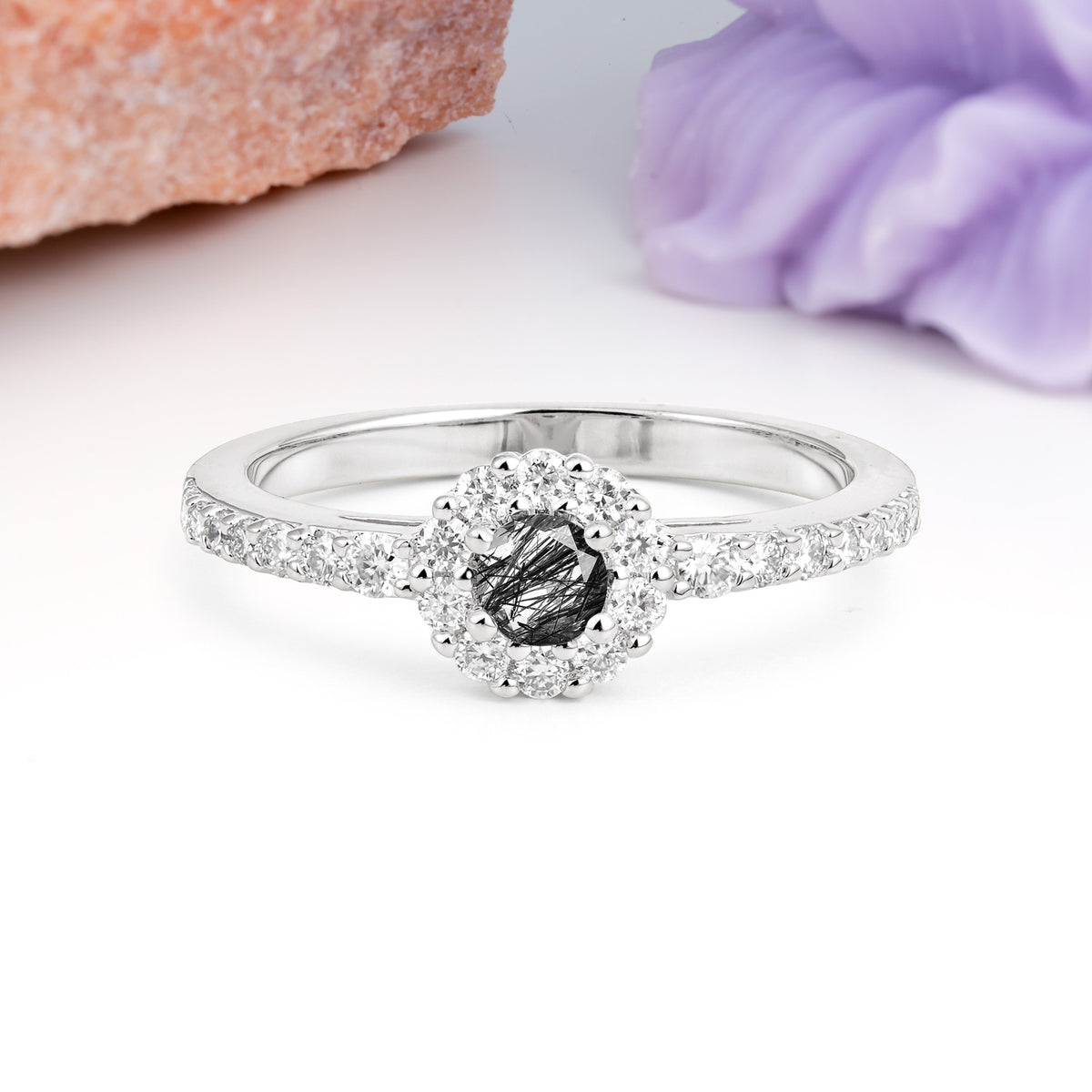 Exquisite Luxury Pavé Set 4 Prong Round Cut Black Rutilated Quartz Wedding Ring - Additional view