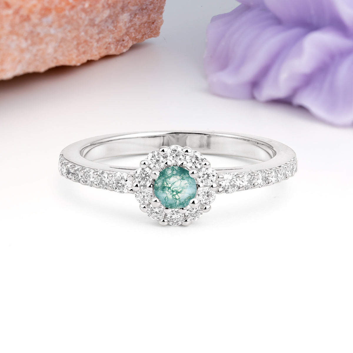 Exquisite Luxury Pavé Set 4 Prong Round Cut Moss Agate Wedding Ring - Additional view