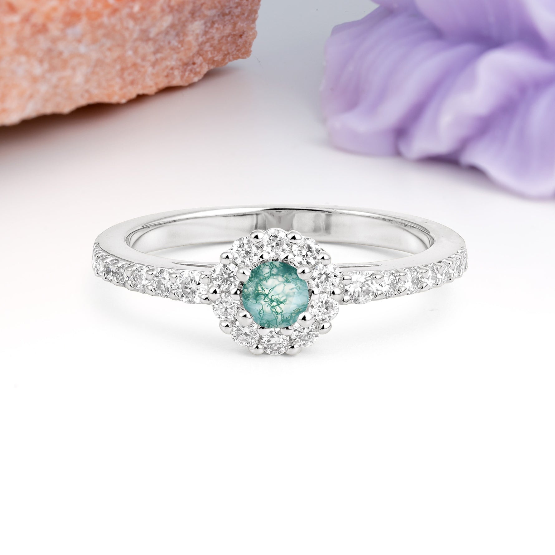Classic Luxury 4-Prong Round Cut Moss Agate Engagement Ring - Additional view