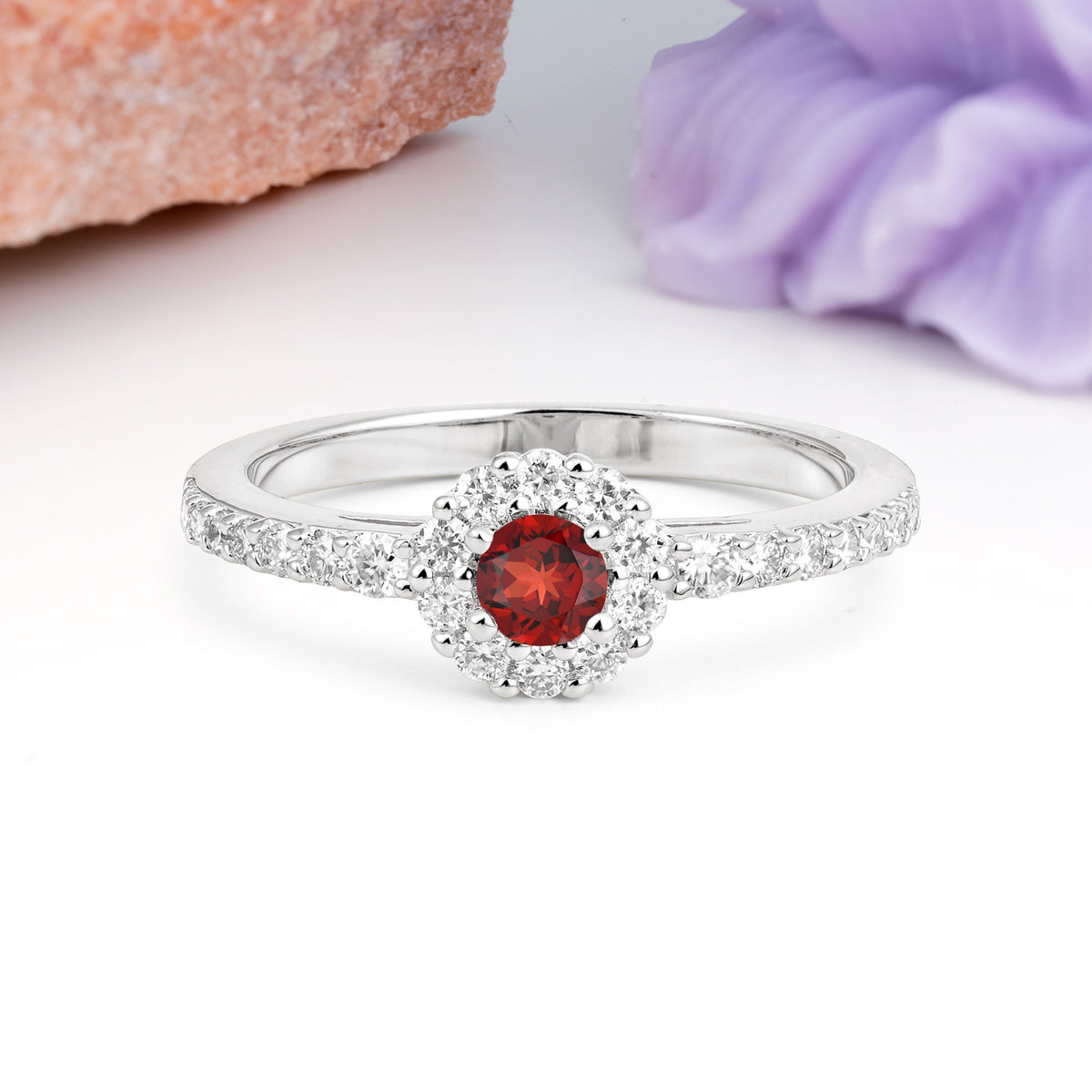 Exquisite Luxury Pavé Set 4 Prong Round Cut Garnet Wedding Ring - Additional view