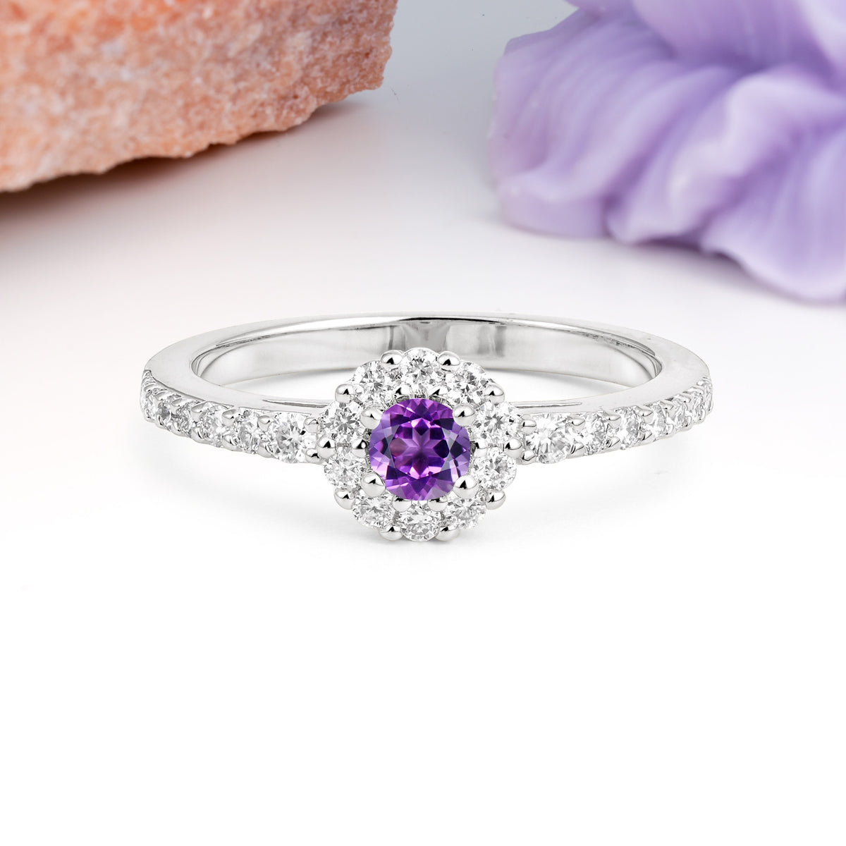 Exquisite Luxury Pavé Set 4 Prong Round Cut Amethyst Wedding Ring - Additional view