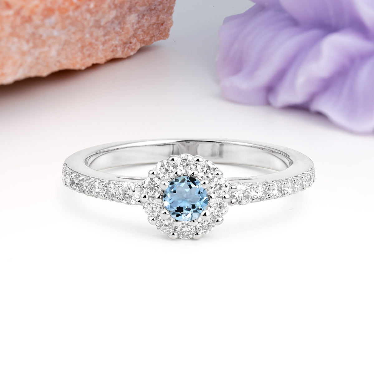 Exquisite Luxury Pavé Set 4 Prong Round Cut Aquamarine Wedding Ring - Additional view