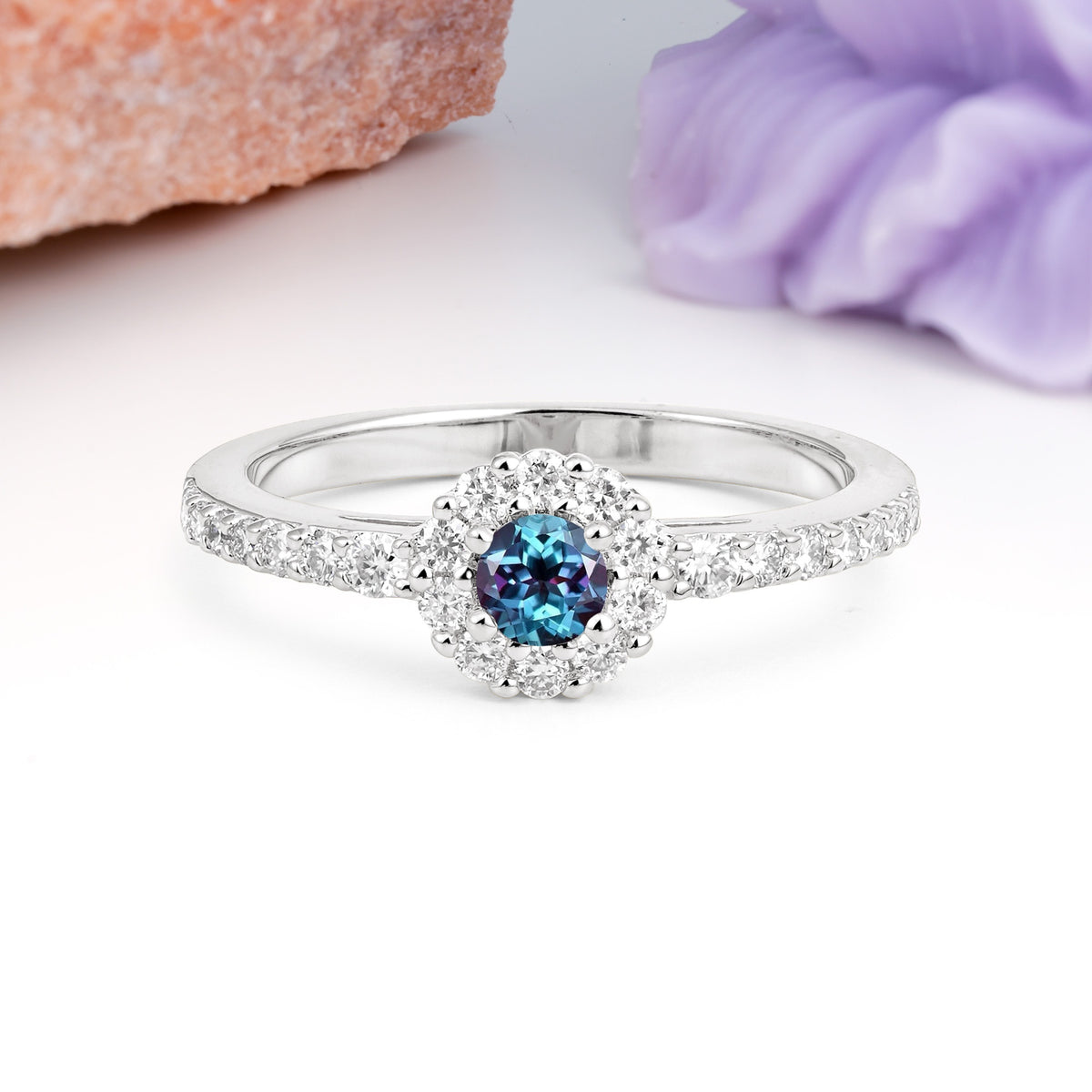 Exquisite Luxury Pavé Set 4 Prong Round Cut Alexandrite Wedding Ring - Additional view