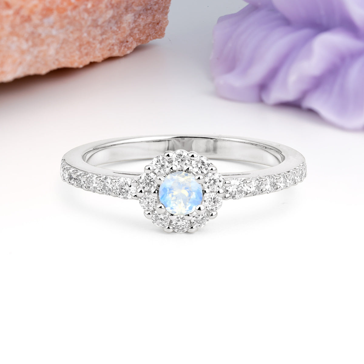 Exquisite Luxury Pavé Set 4 Prong Round Cut Moonstone Wedding Ring - Additional view