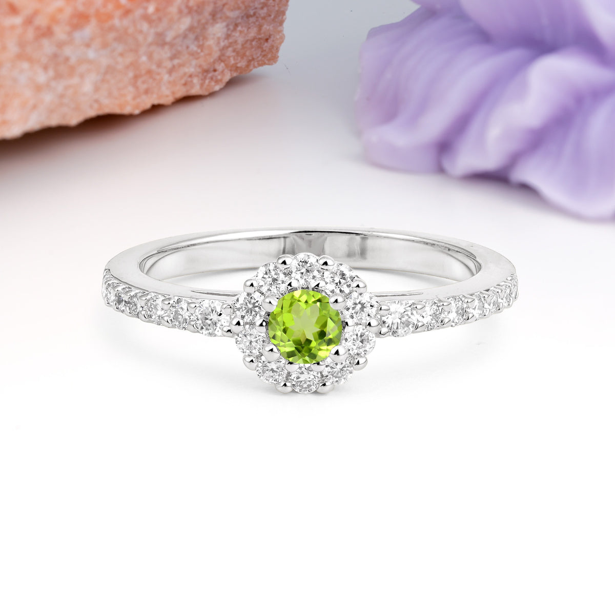 Exquisite Luxury Pavé Set 4 Prong Round Cut Peridot Wedding Ring - Additional view