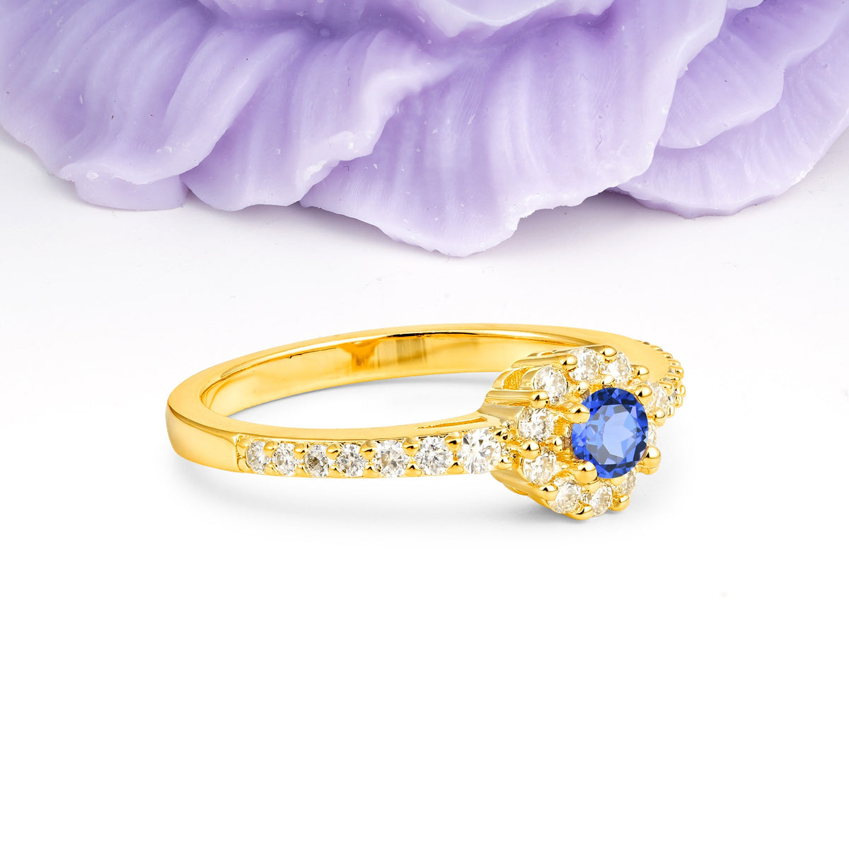 Exquisite Luxury Pavé Set 4 Prong Round Cut Sapphire Wedding Ring - Additional view