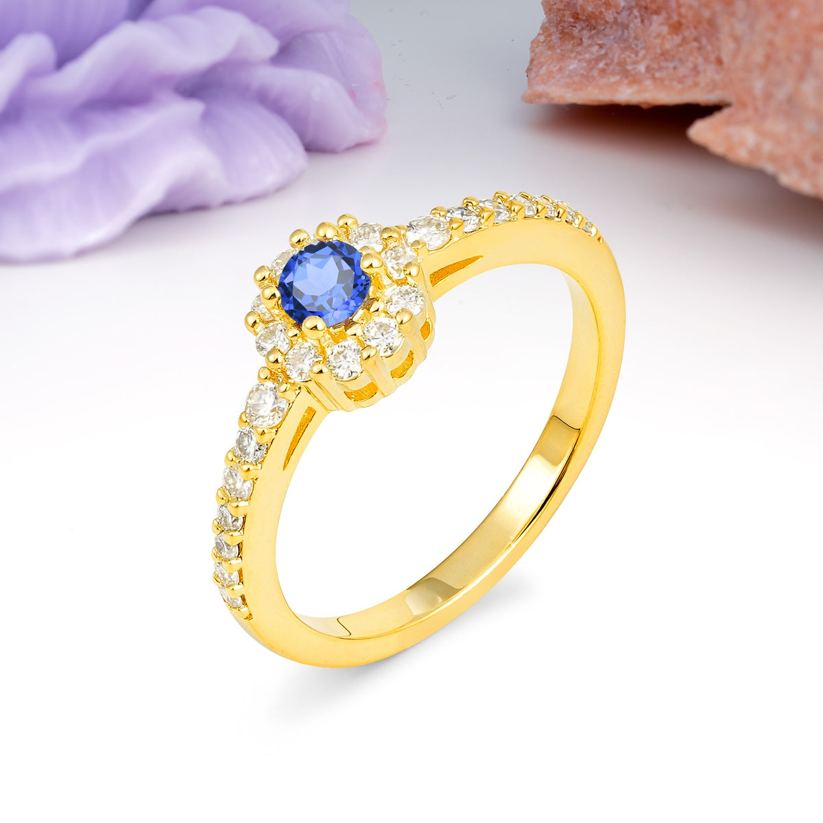 Exquisite Luxury Pavé Set 4 Prong Round Cut Sapphire Wedding Ring - Additional view