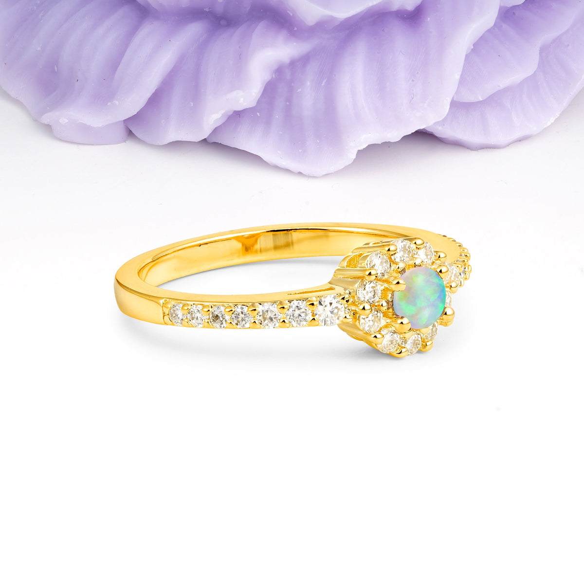 Exquisite Luxury Pavé Set 4 Prong Round Cut Fire Opal Wedding Ring - Additional view