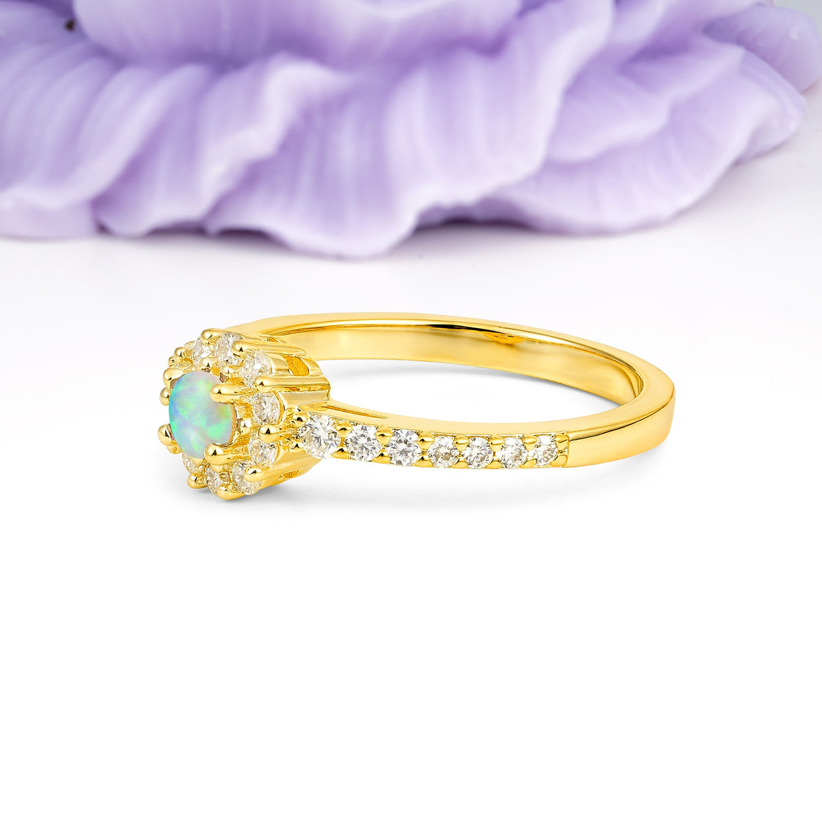 Exquisite Luxury Pavé Set 4 Prong Round Cut Fire Opal Wedding Ring - Additional view