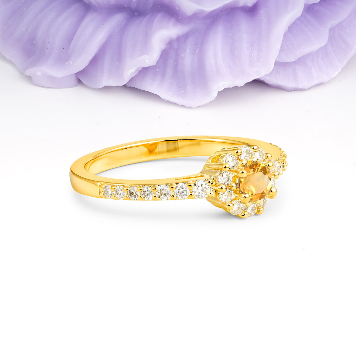 Exquisite Luxury Pavé Set 4 Prong Round Cut Citrine Wedding Ring - Additional view