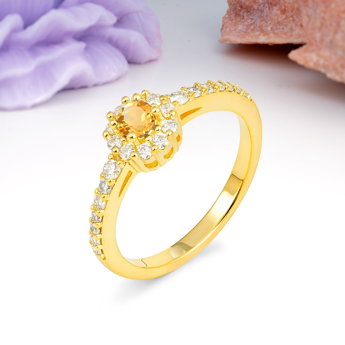 Exquisite Luxury Pavé Set 4 Prong Round Cut Citrine Wedding Ring - Additional view