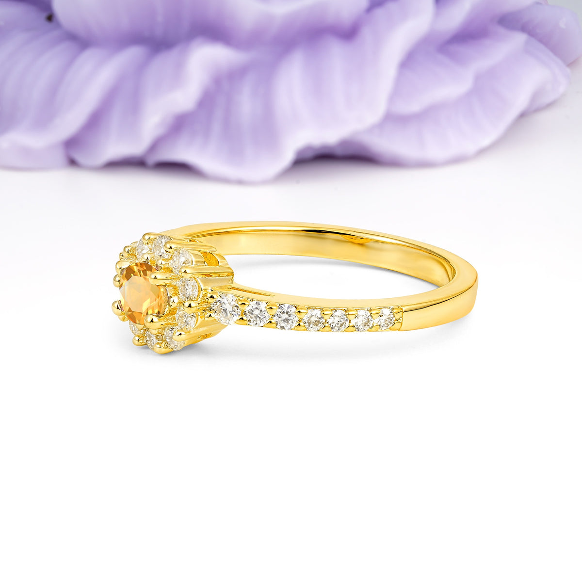 Exquisite Luxury Pavé Set 4 Prong Round Cut Citrine Wedding Ring - Additional view