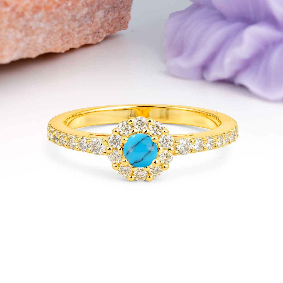 Exquisite Luxury Pavé Set 4 Prong Round Cut Turquoise Wedding Ring - Additional view