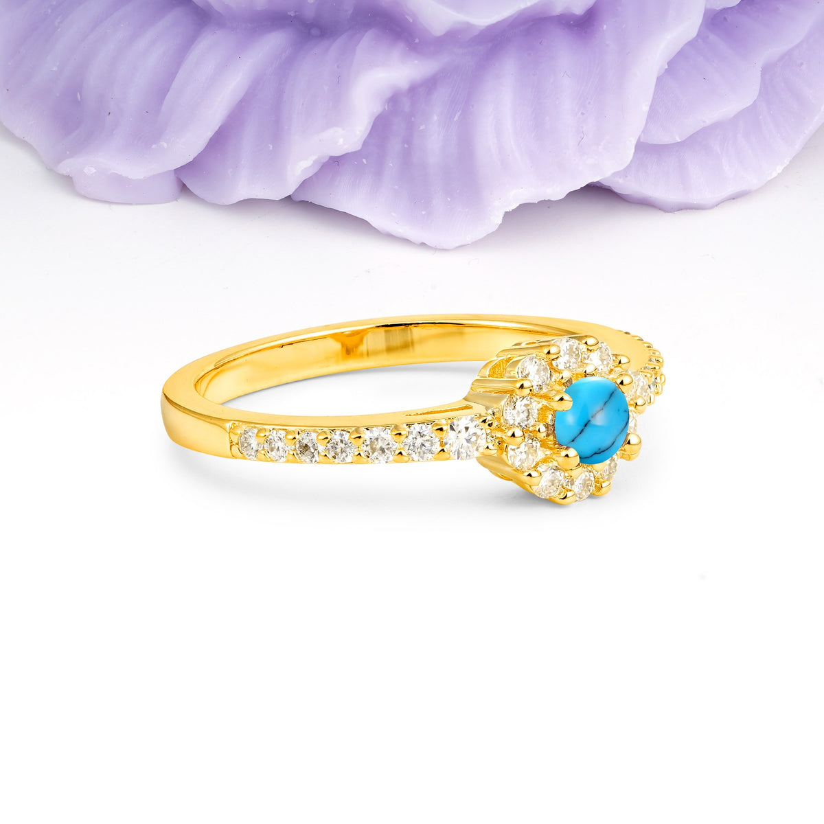Exquisite Luxury Pavé Set 4 Prong Round Cut Turquoise Wedding Ring - Additional view
