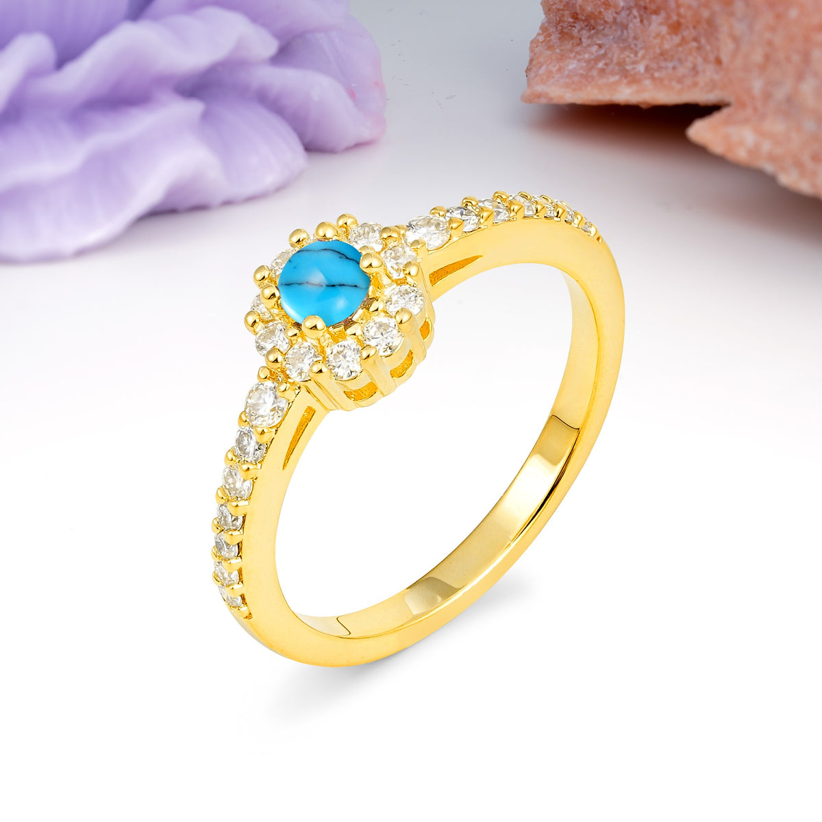 Exquisite Luxury Pavé Set 4 Prong Round Cut Turquoise Wedding Ring - Additional view