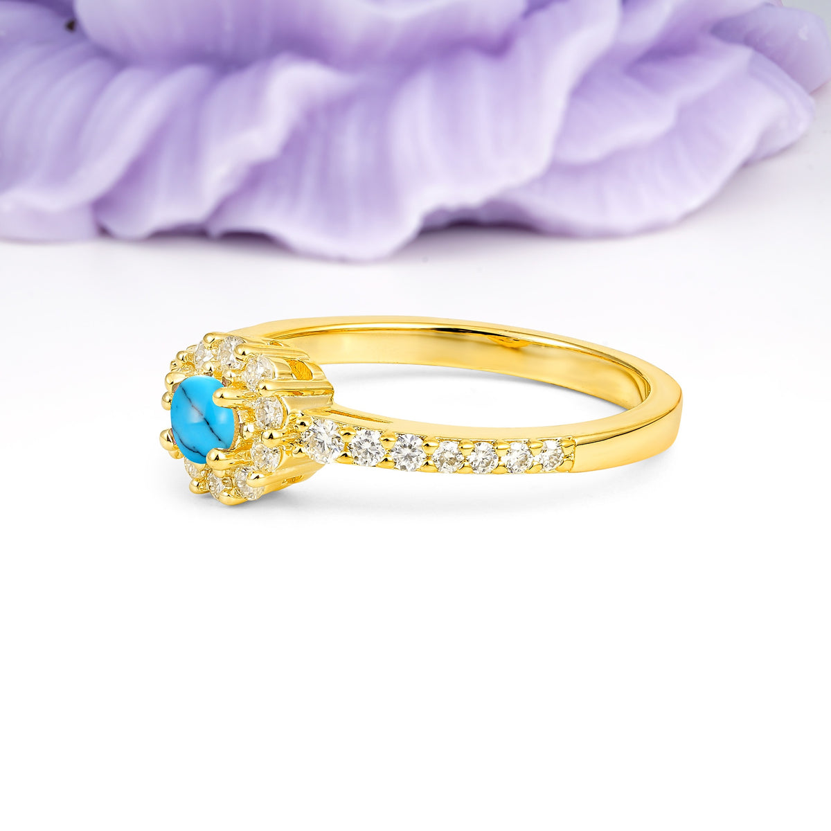 Exquisite Luxury Pavé Set 4 Prong Round Cut Turquoise Wedding Ring - Additional view
