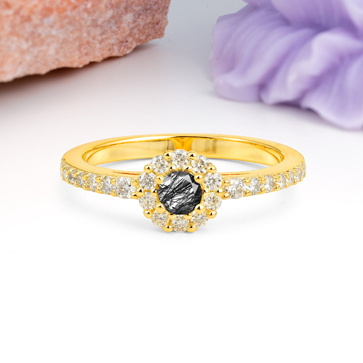 Exquisite Luxury Pavé Set 4 Prong Round Cut Black Rutilated Quartz Wedding Ring - Additional view