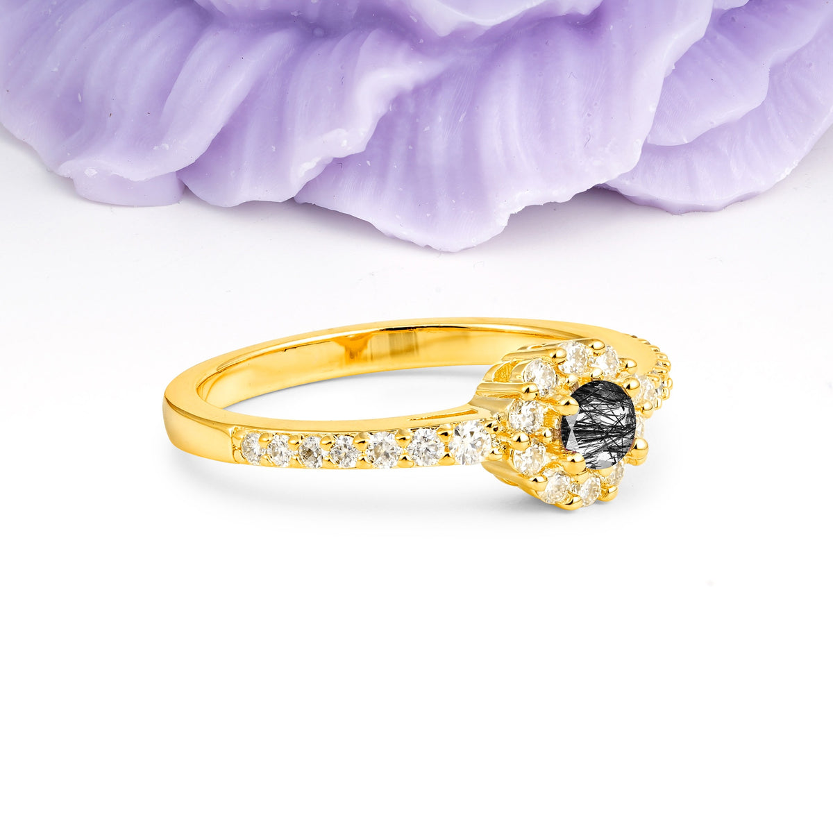 Exquisite Luxury Pavé Set 4 Prong Round Cut Black Rutilated Quartz Wedding Ring - Additional view