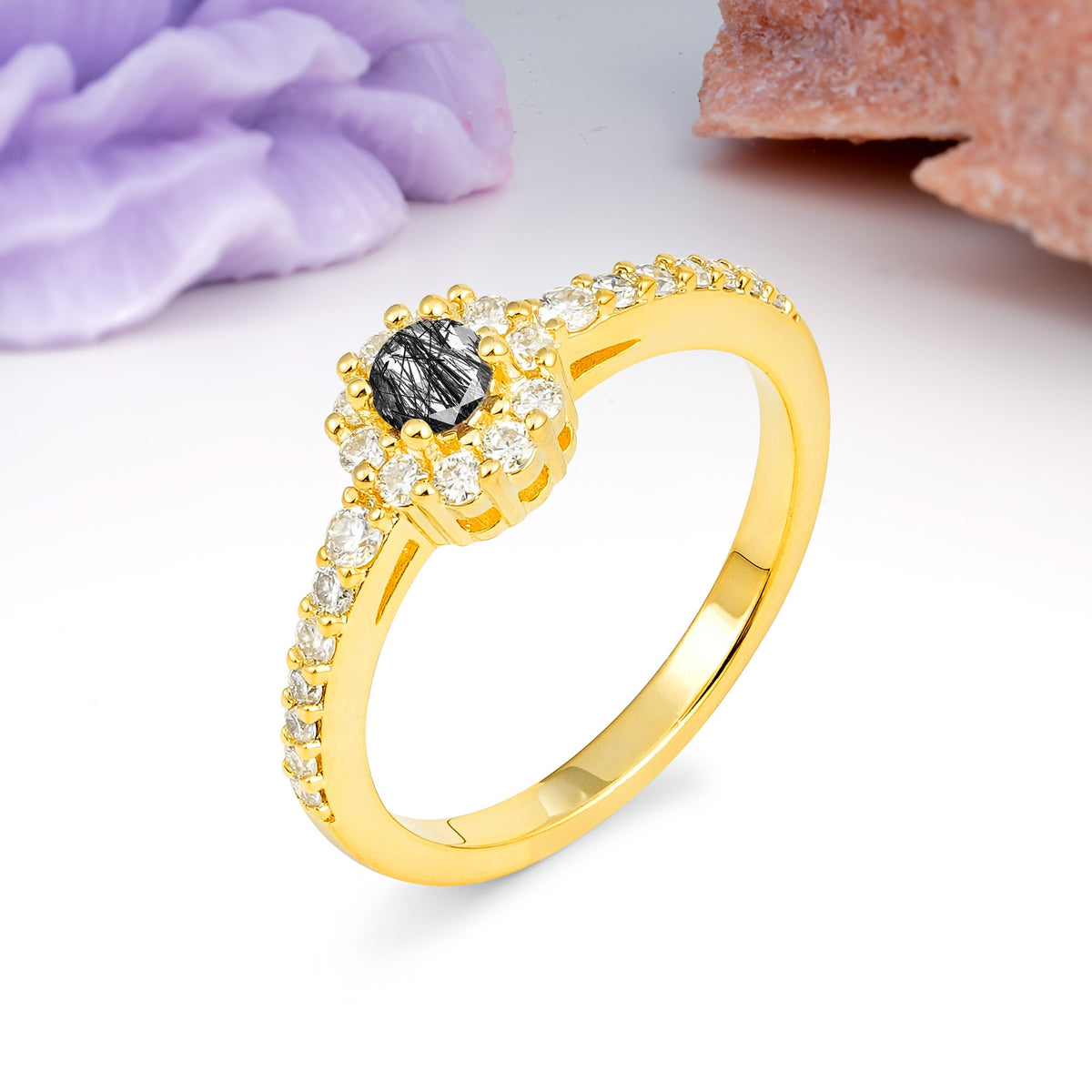 Exquisite Luxury Pavé Set 4 Prong Round Cut Black Rutilated Quartz Wedding Ring - Additional view