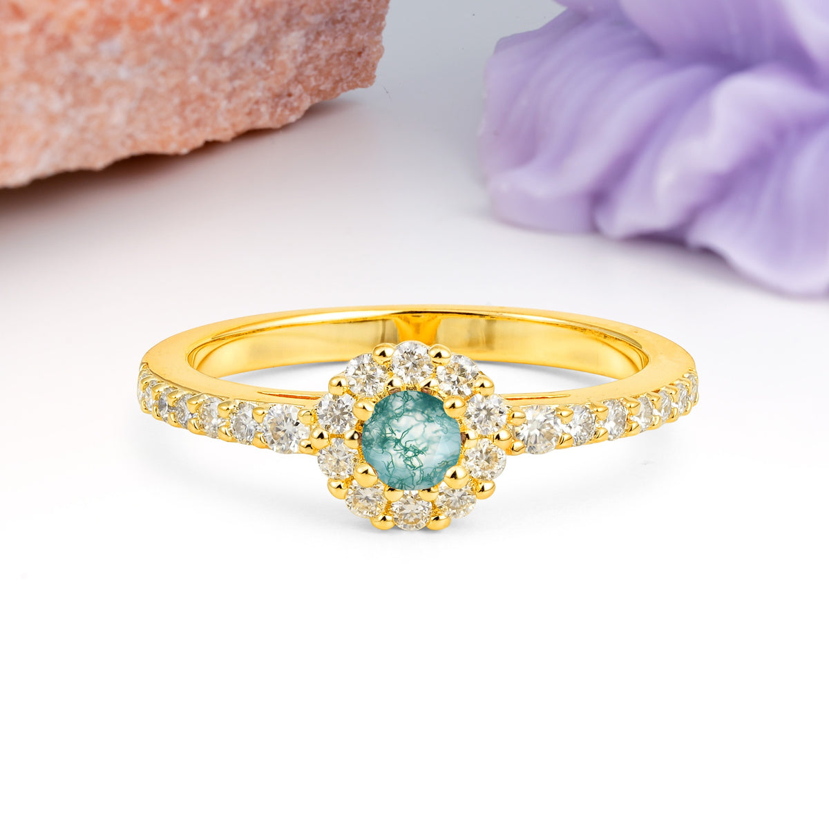 Exquisite Luxury Pavé Set 4 Prong Round Cut Moss Agate Wedding Ring - Additional view