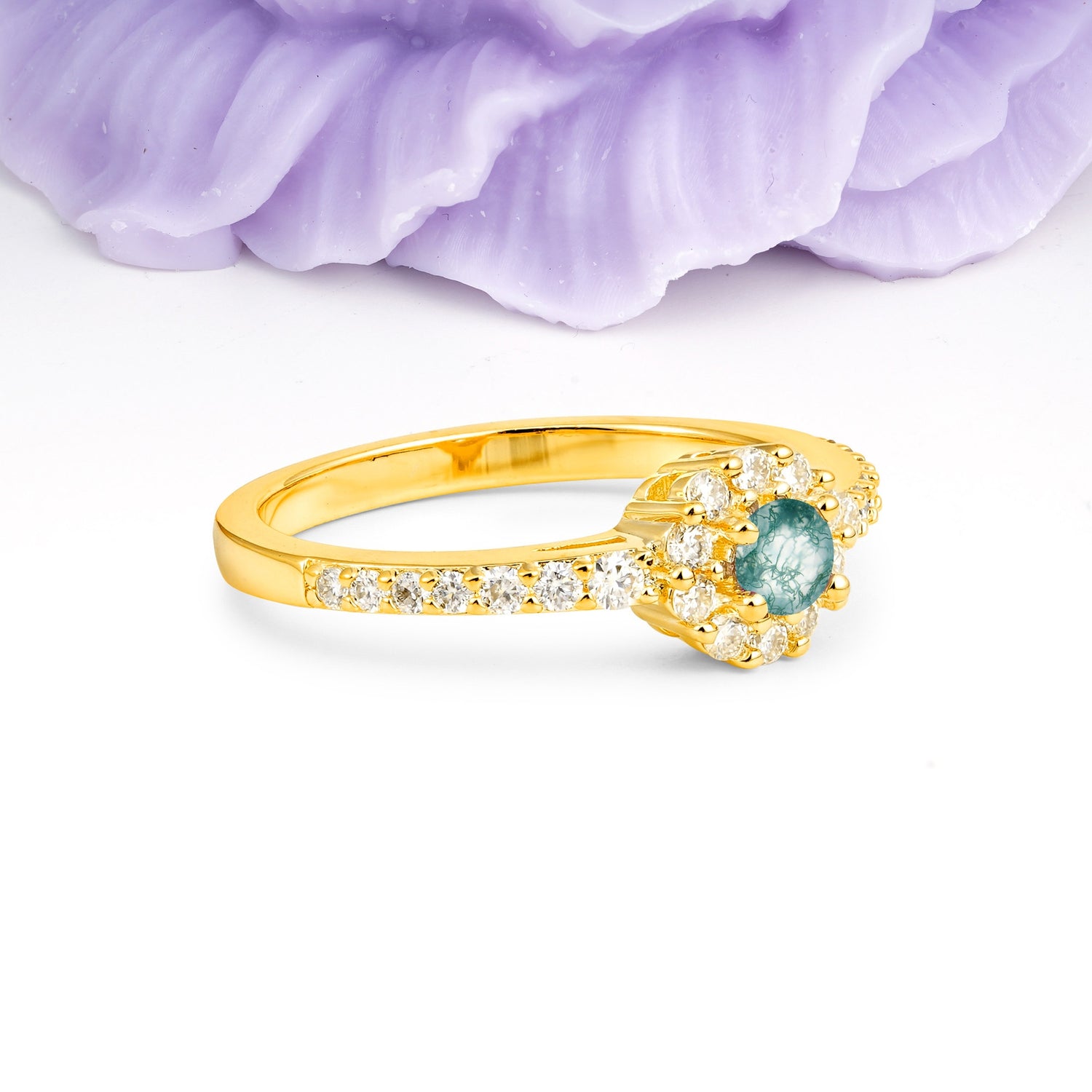 Classic Luxury 4-Prong Round Cut Moss Agate Engagement Ring - Additional view