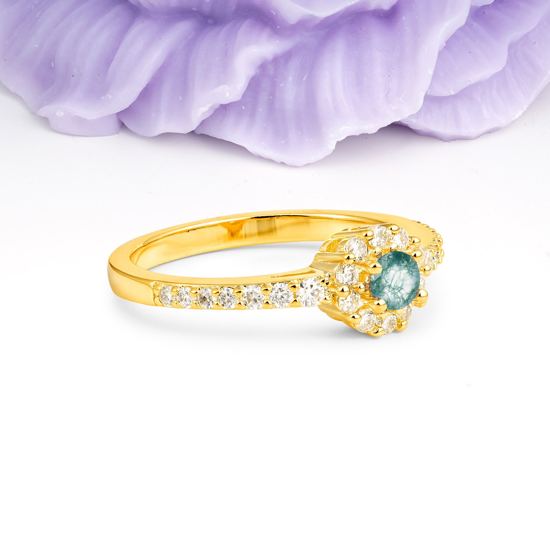 Classic Luxury 4-Prong Round Cut Moss Agate Engagement Ring - Additional view