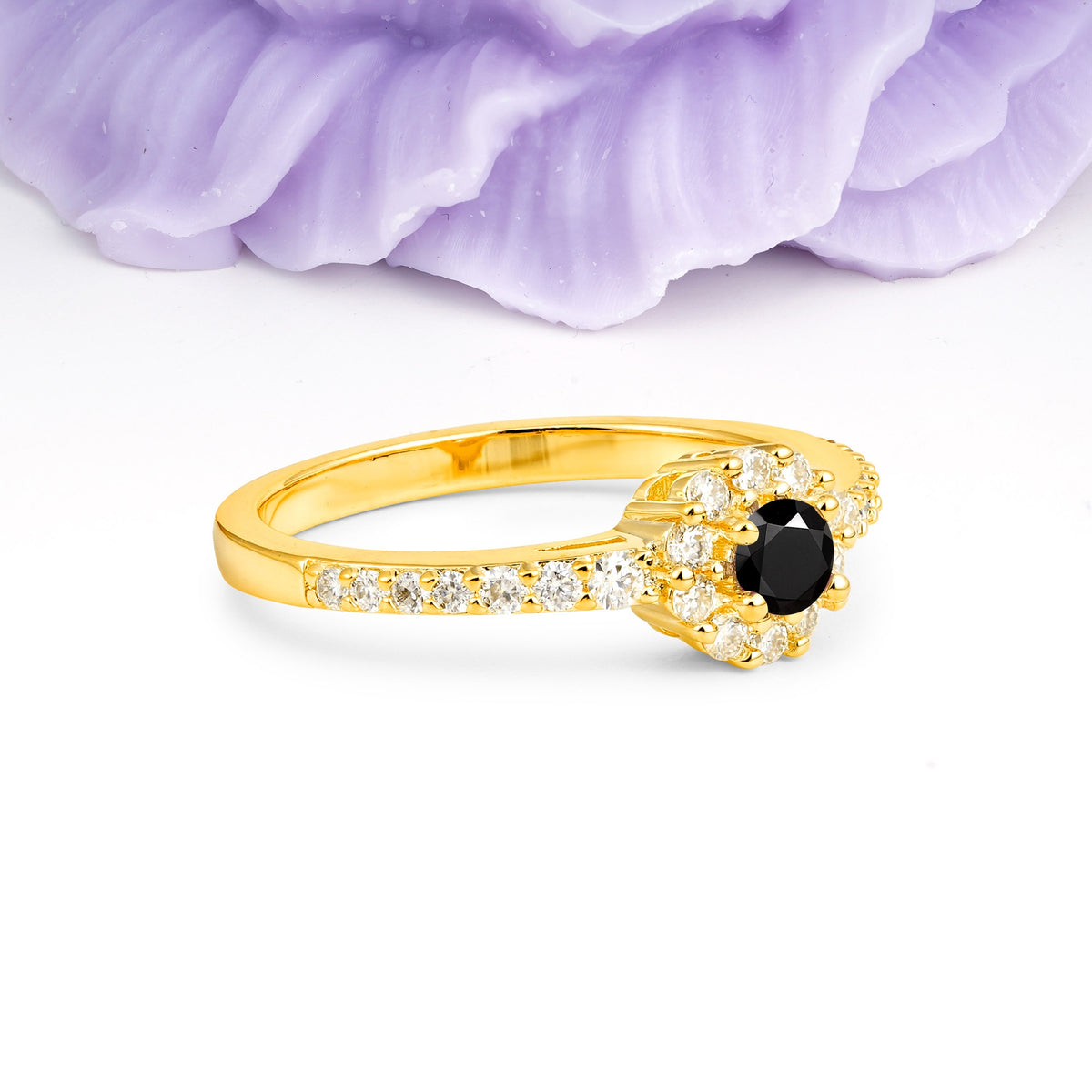 Exquisite Luxury Pavé Set 4 Prong Round Cut Black Onyx Wedding Ring - Additional view