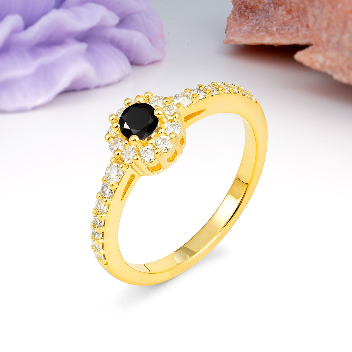 Exquisite Luxury Pavé Set 4 Prong Round Cut Black Onyx Wedding Ring - Additional view