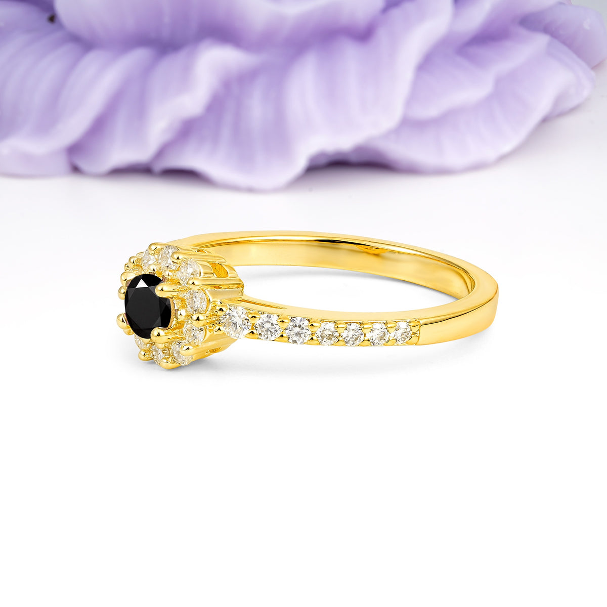 Exquisite Luxury Pavé Set 4 Prong Round Cut Black Onyx Wedding Ring - Additional view