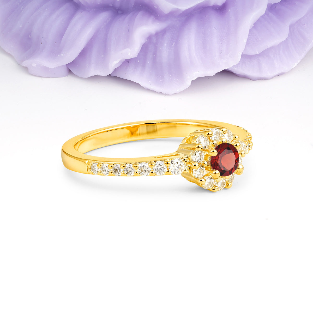 Exquisite Luxury Pavé Set 4 Prong Round Cut Garnet Wedding Ring - Additional view
