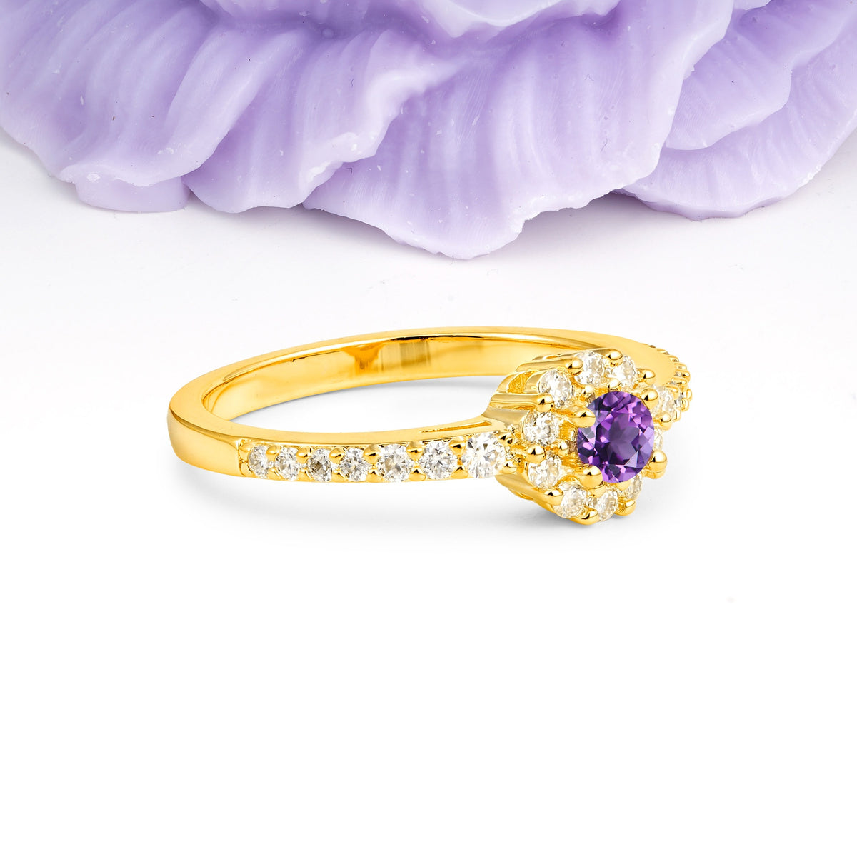 Exquisite Luxury Pavé Set 4 Prong Round Cut Amethyst Wedding Ring - Additional view
