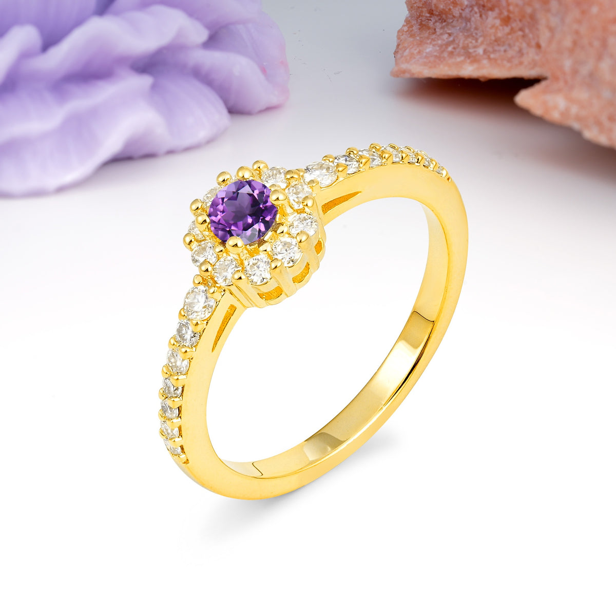 Exquisite Luxury Pavé Set 4 Prong Round Cut Amethyst Wedding Ring - Additional view
